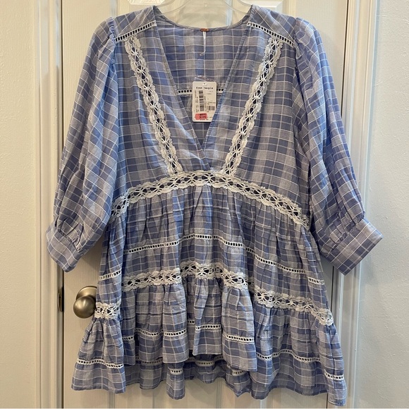 NWT Free People Women’s Time Out Tunic Small Cotton Blue Plaid‎ Lace Cuff Sleeve - Picture 1 of 8
